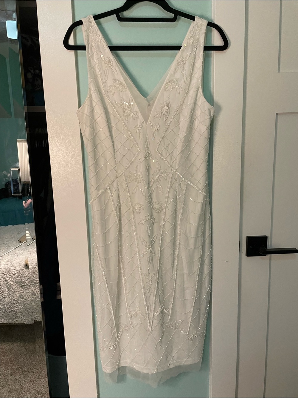 Adrianna Papell White Beaded V-Neck Midi Dress